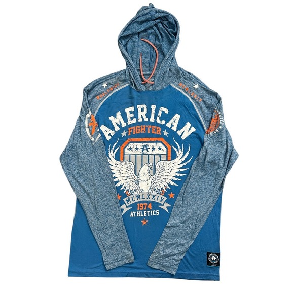 American Fighter Blue Orange Eagle LS Hooded Lightweight Athletic Shirt Size XL - Picture 5 of 11